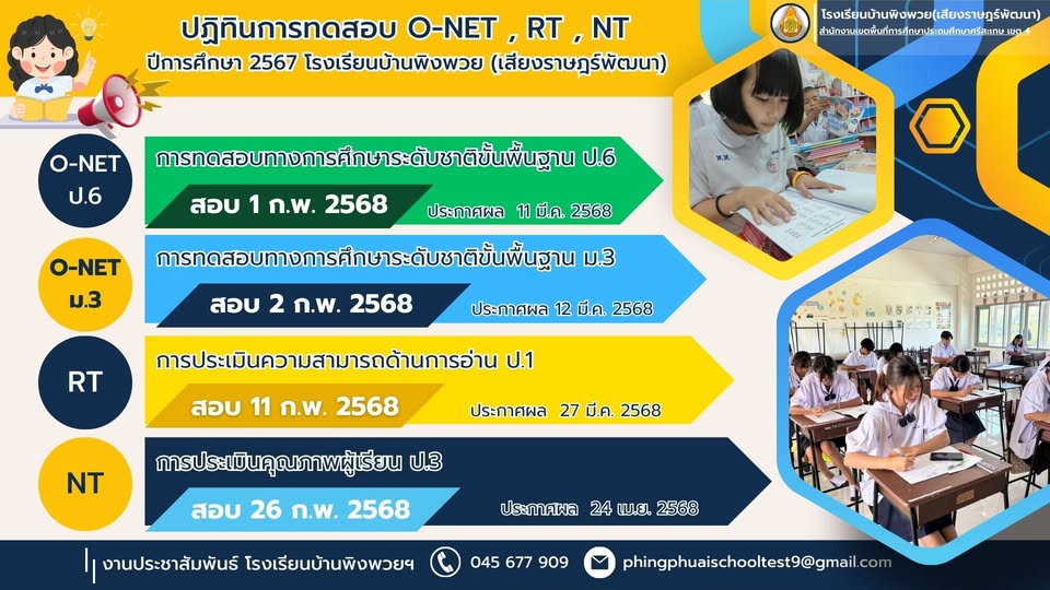 ปฏิทินการทดสอบ O-NET , RT , NT ระดับชาติ