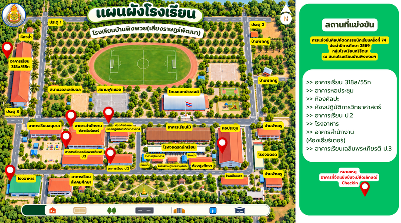 สถานที่แข่งขัน การแข่งขันศิลปหัตถกรรมนักเรียนครั้งที่ 74 ประจำปีการศึกษา 2569 กลุ่มโรงเรียนศรีรัตนะ ณ สนามโรงเรียนบ้านพิงพวยฯ
